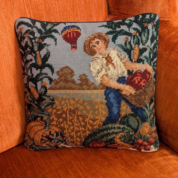 C&F Home Farmer Boy Needlepoint Pillow Cover 14"x14" Wool Blend Fall Pumpkins - Picture 1 of 8